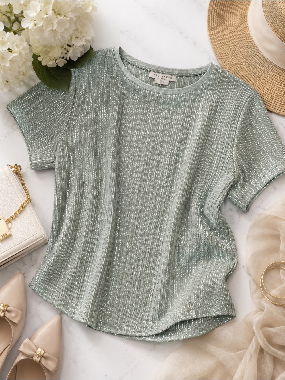 Ted Baker London Metallic Sage Ribbed Knit Tee Top NWT Size 4